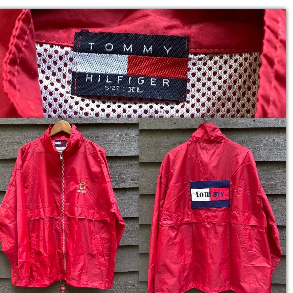 Vtg Tommy Hilfiger Red Nylon Windbreaker Jacket XL Big Logo Sailing Hip Hop 90s